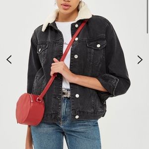 Topshop washed black oversized denim borg jacket